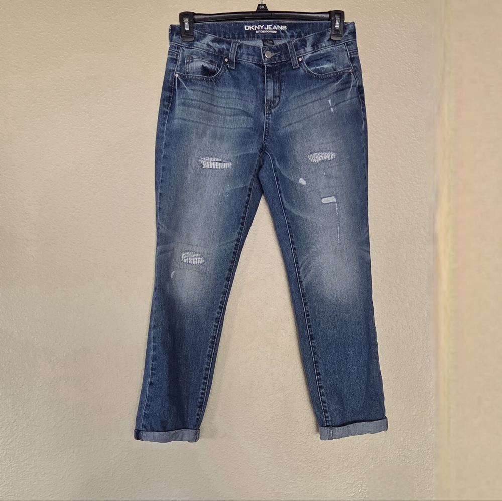 DKNY Bleeker Boyfriend Jeans Womens Tapered Leg Distressed Patchwork Denim